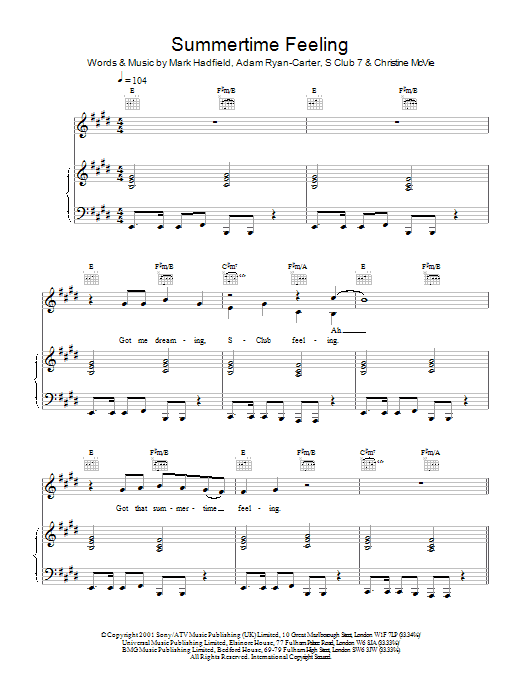 S Club 7 Summertime Feeling sheet music notes and chords arranged for Piano, Vocal & Guitar Chords