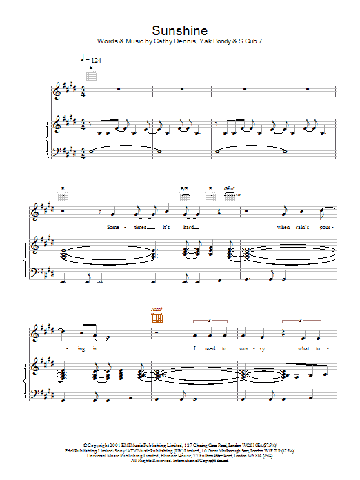 S Club 7 Sunshine sheet music notes and chords arranged for Piano, Vocal & Guitar Chords