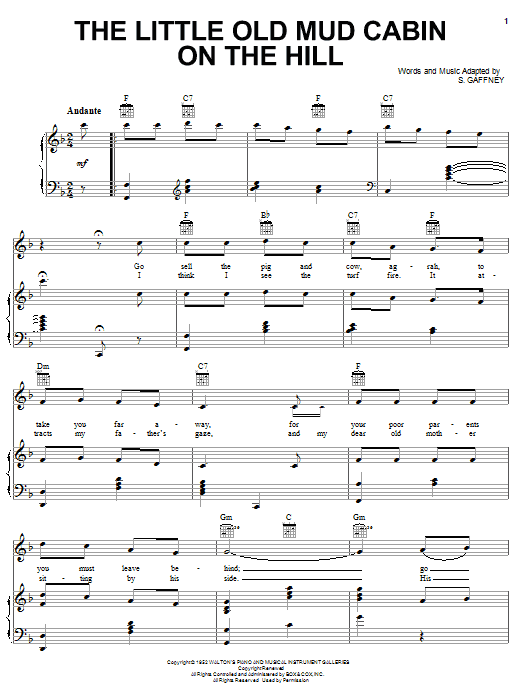 S. Gaffney The Little Old Mud Cabin On The Hill sheet music notes and chords arranged for Piano, Vocal & Guitar Chords (Right-Hand Melody)