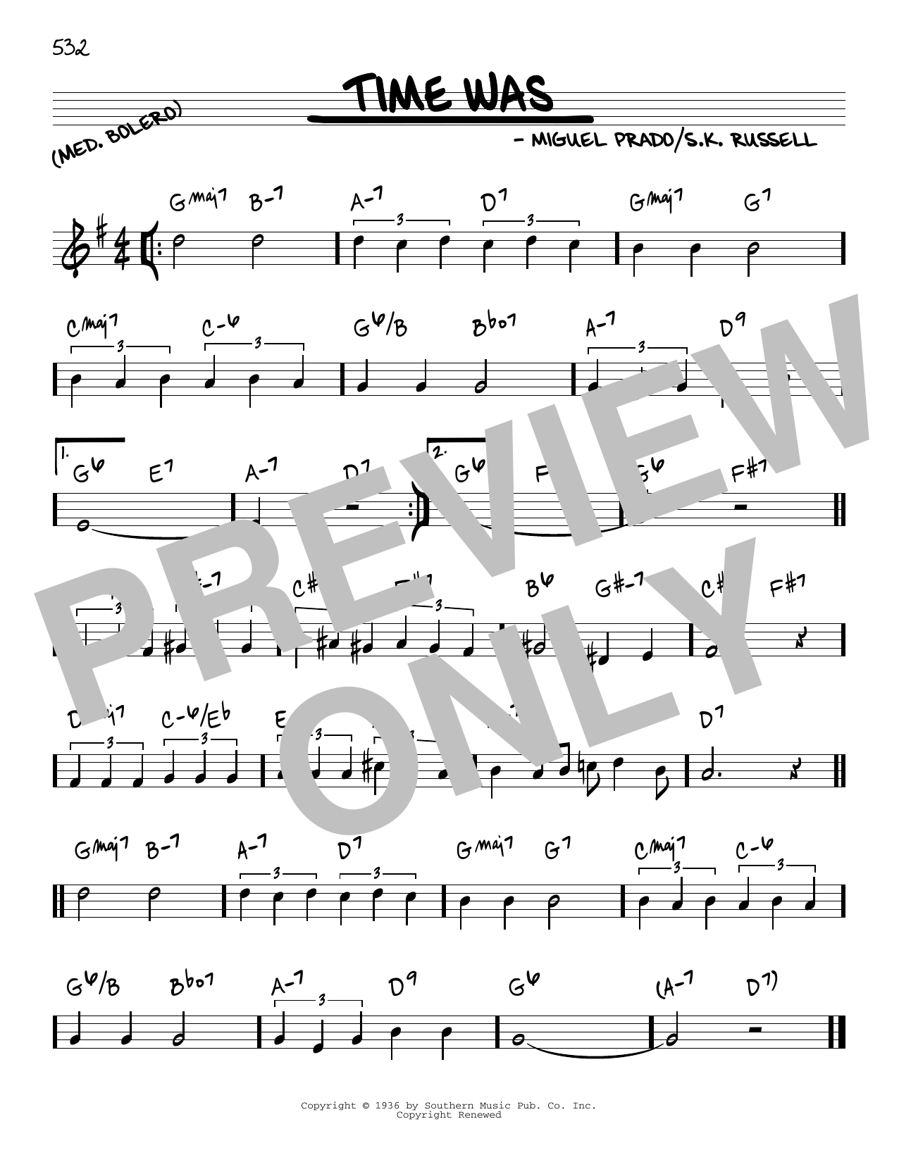 S. K. Russell Time Was sheet music notes and chords arranged for Real Book – Melody & Chords – C Instruments