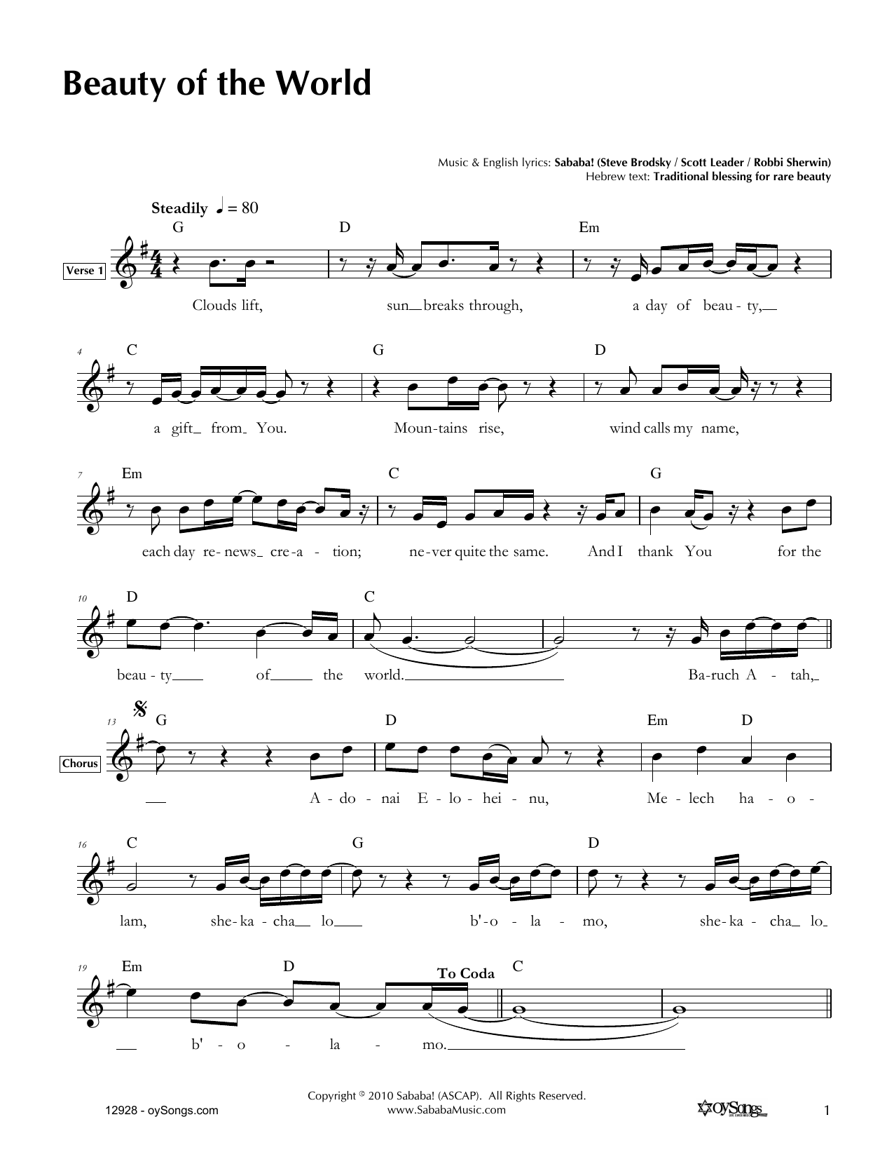 Sababa Beauty of the World sheet music notes and chords arranged for Lead Sheet / Fake Book