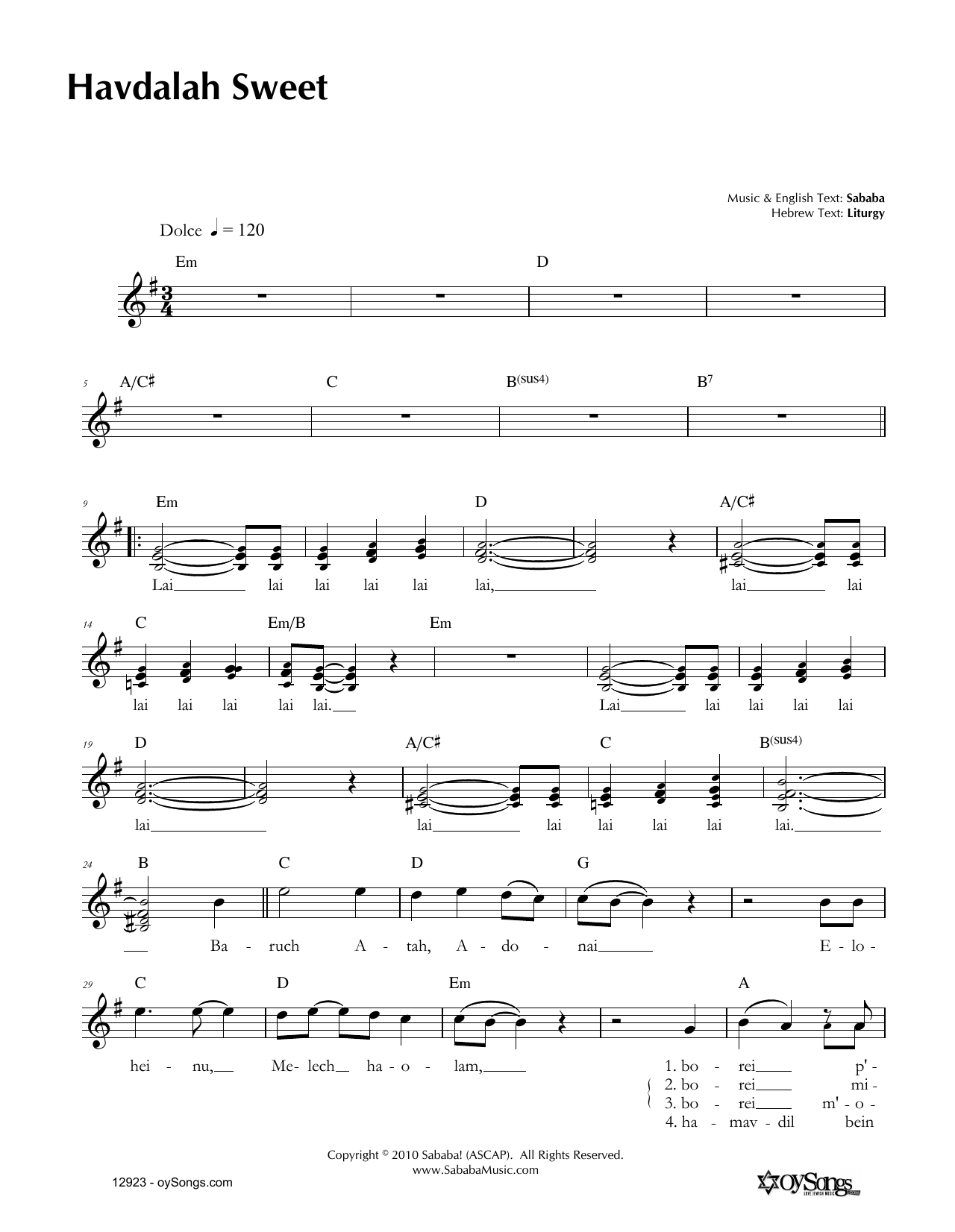 Sababa Havdalah Sweet sheet music notes and chords arranged for Lead Sheet / Fake Book