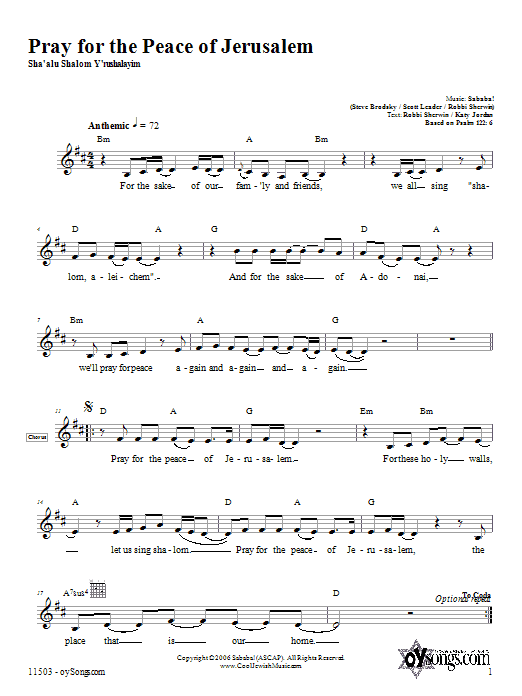 Sababa Pray for the Peace of Jerusalem sheet music notes and chords arranged for Lead Sheet / Fake Book