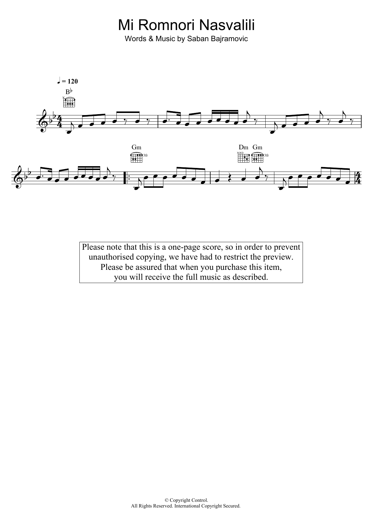 Saban Bajramovic Mi Romnori Nasvalili sheet music notes and chords arranged for Lead Sheet / Fake Book