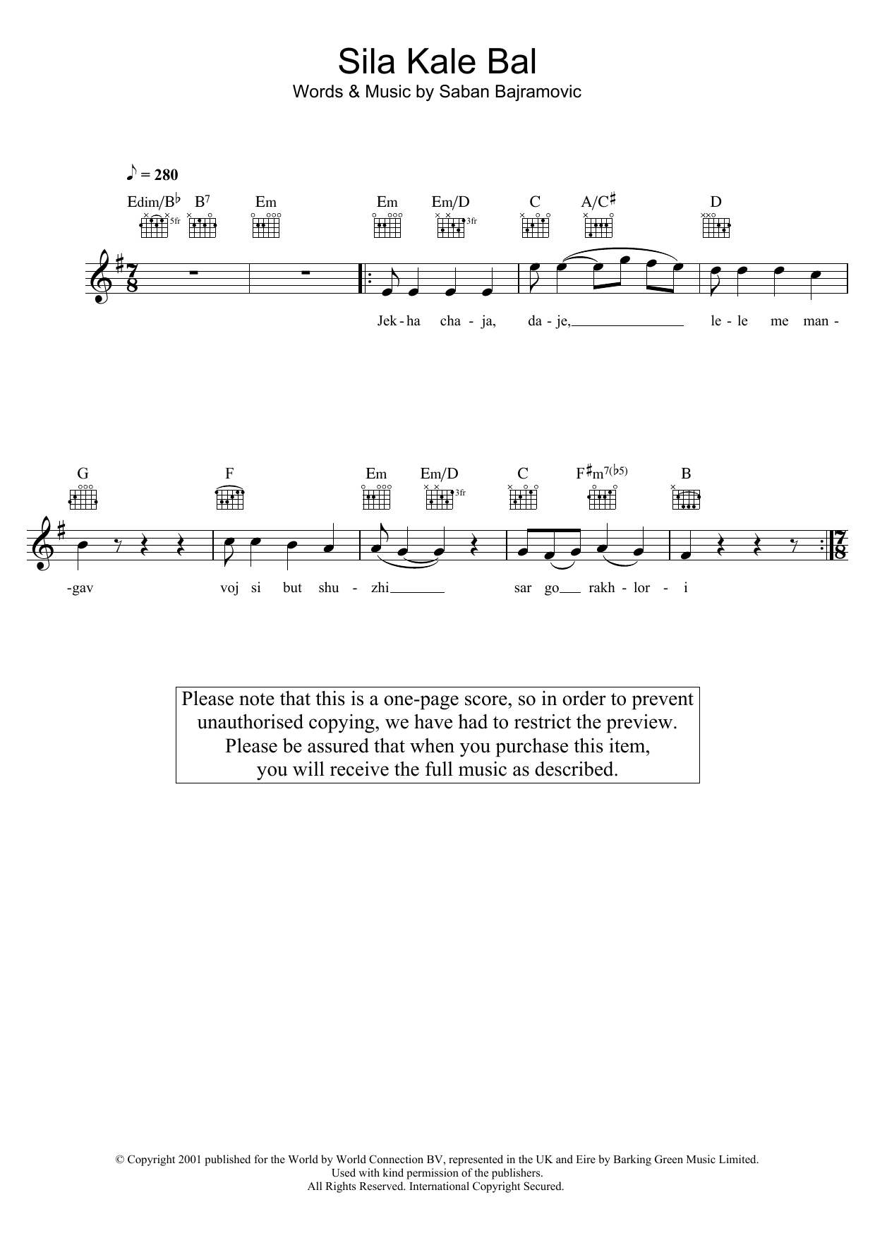 Saban Bajramovic Sila Kale Bal sheet music notes and chords arranged for Lead Sheet / Fake Book