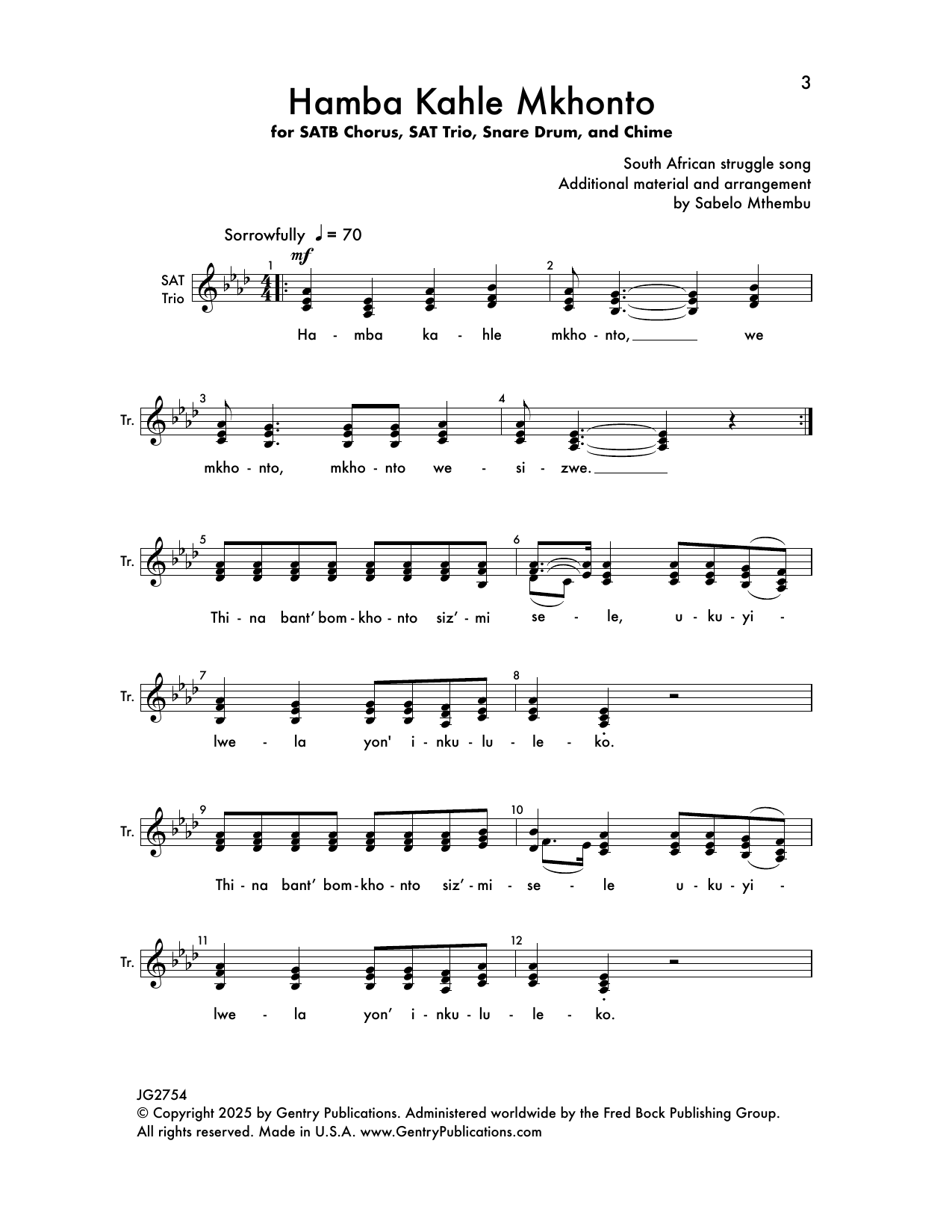 Sabelo Mthembu Hamba Kahle Mkhonto sheet music notes and chords arranged for SATB Choir
