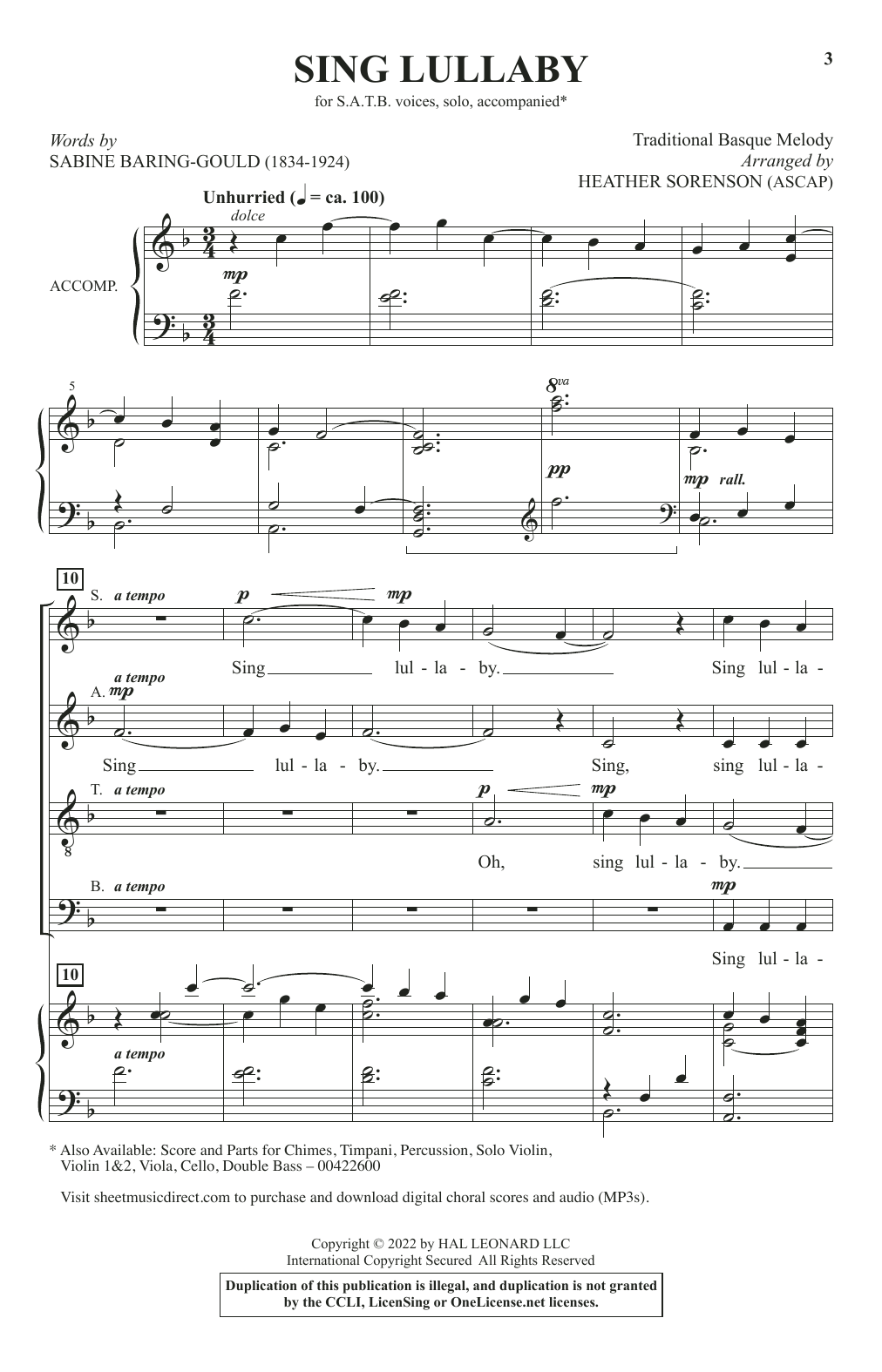 Sabine-Baring Gould Sing Lullaby (arr. Heather Sorenson) sheet music notes and chords arranged for SATB Choir