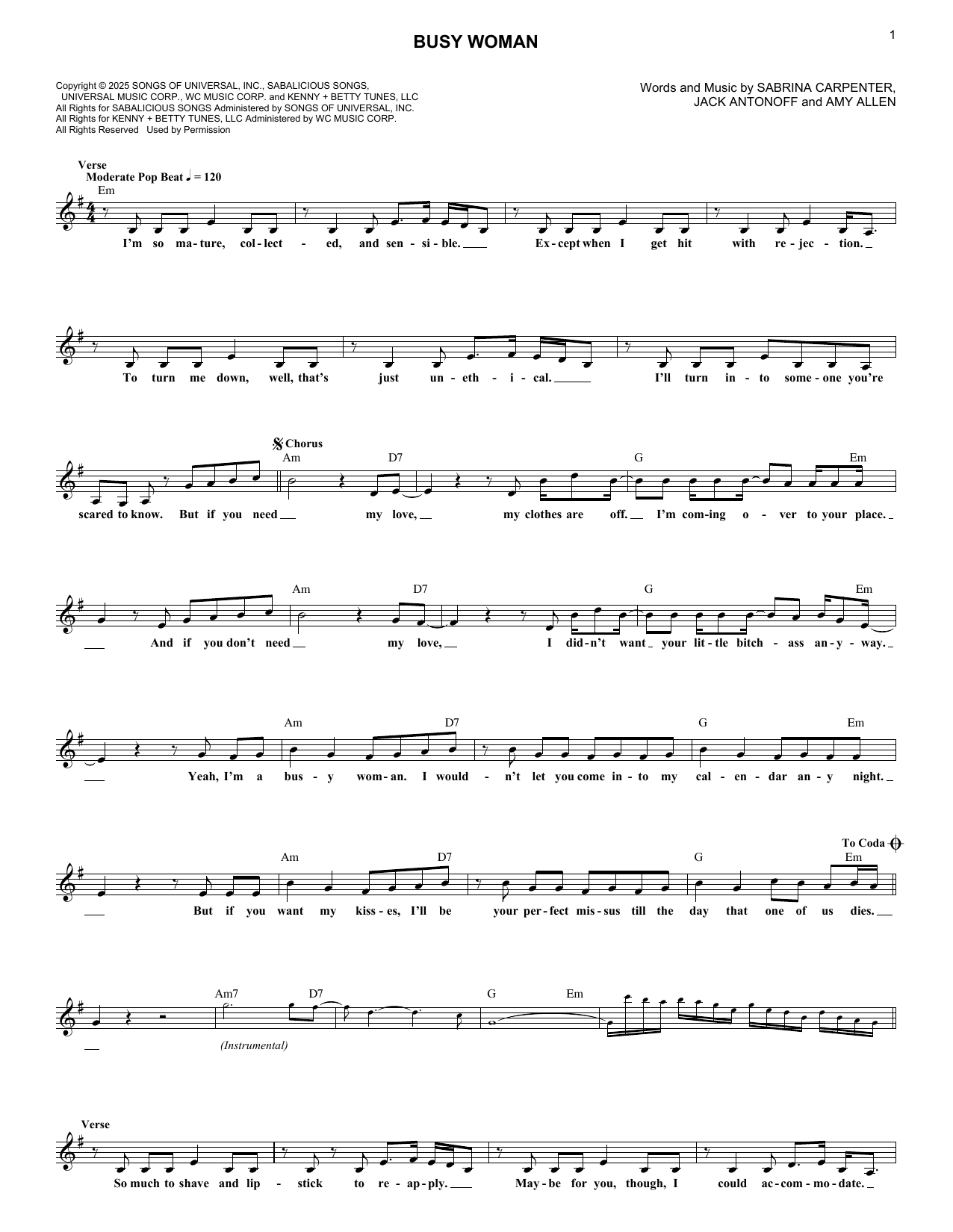 Sabrina Carpenter Busy Woman sheet music notes and chords arranged for Lead Sheet / Fake Book