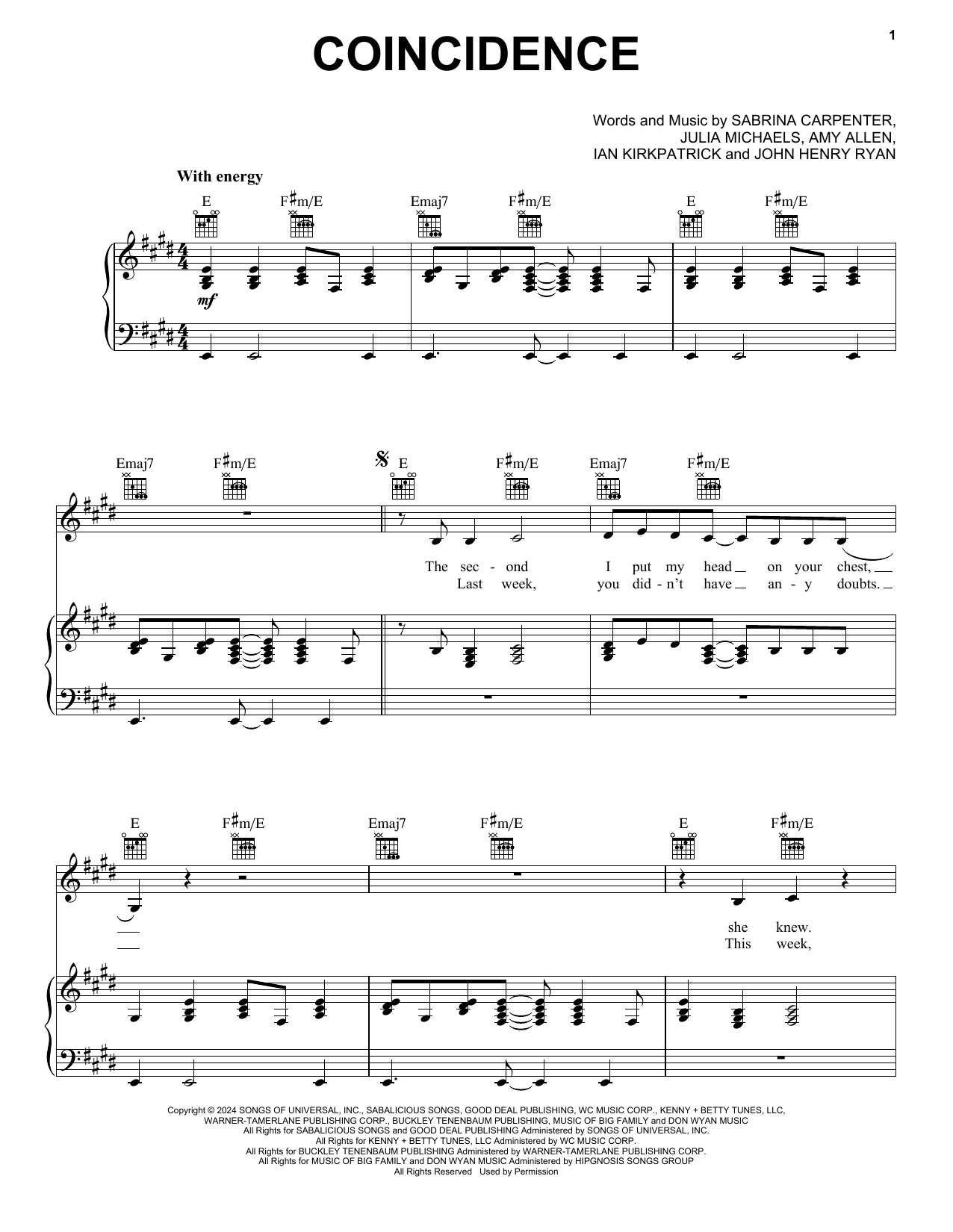Sabrina Carpenter Coincidence sheet music notes and chords arranged for Piano, Vocal & Guitar Chords (Right-Hand Melody)