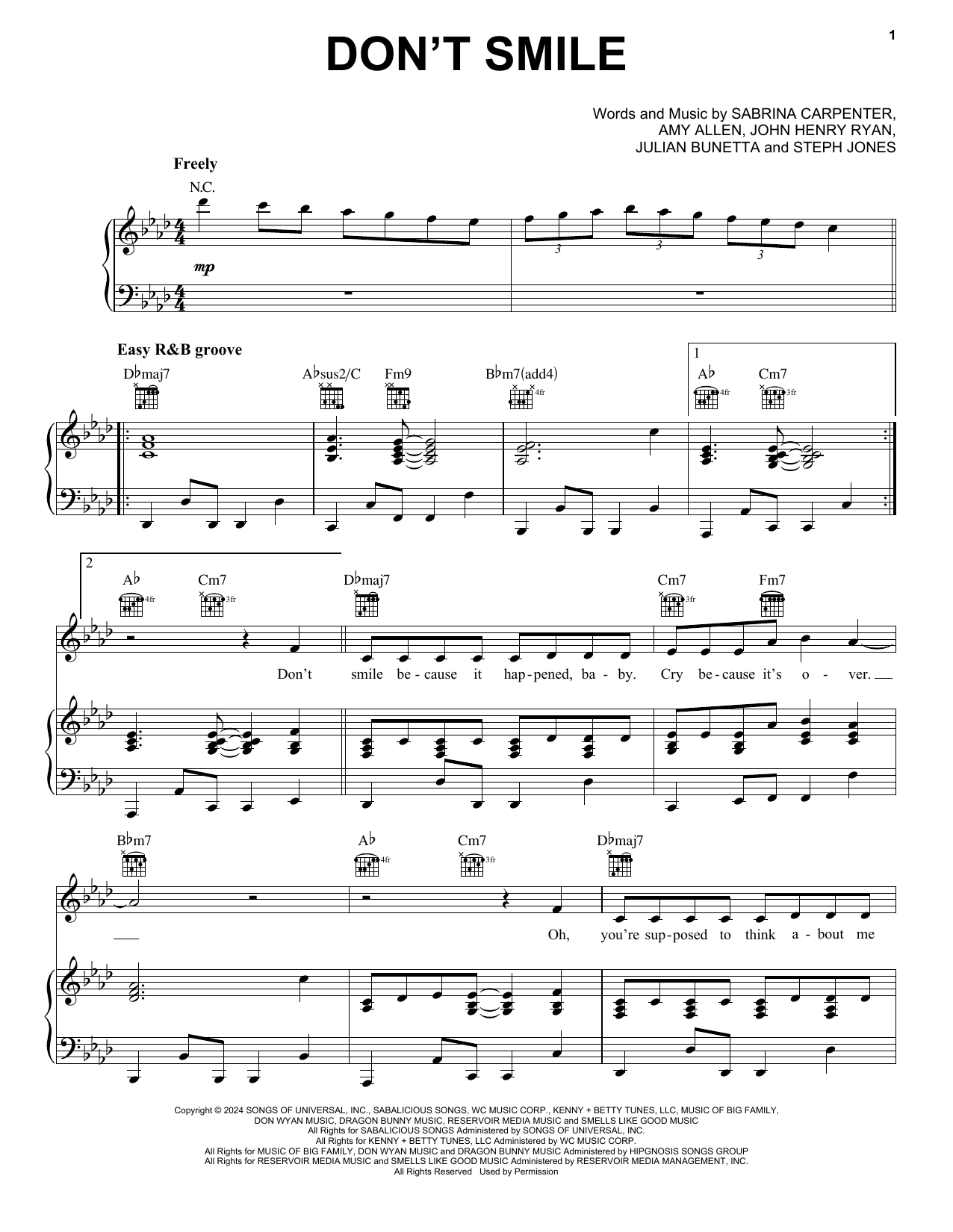 Sabrina Carpenter Don't Smile sheet music notes and chords arranged for Piano, Vocal & Guitar Chords (Right-Hand Melody)