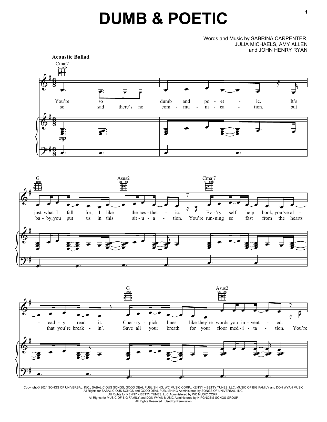 Sabrina Carpenter Dumb & Poetic sheet music notes and chords arranged for Piano, Vocal & Guitar Chords (Right-Hand Melody)
