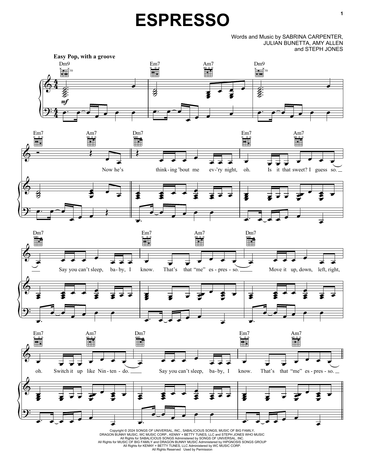 Sabrina Carpenter Espresso sheet music notes and chords arranged for Piano, Vocal & Guitar Chords (Right-Hand Melody)