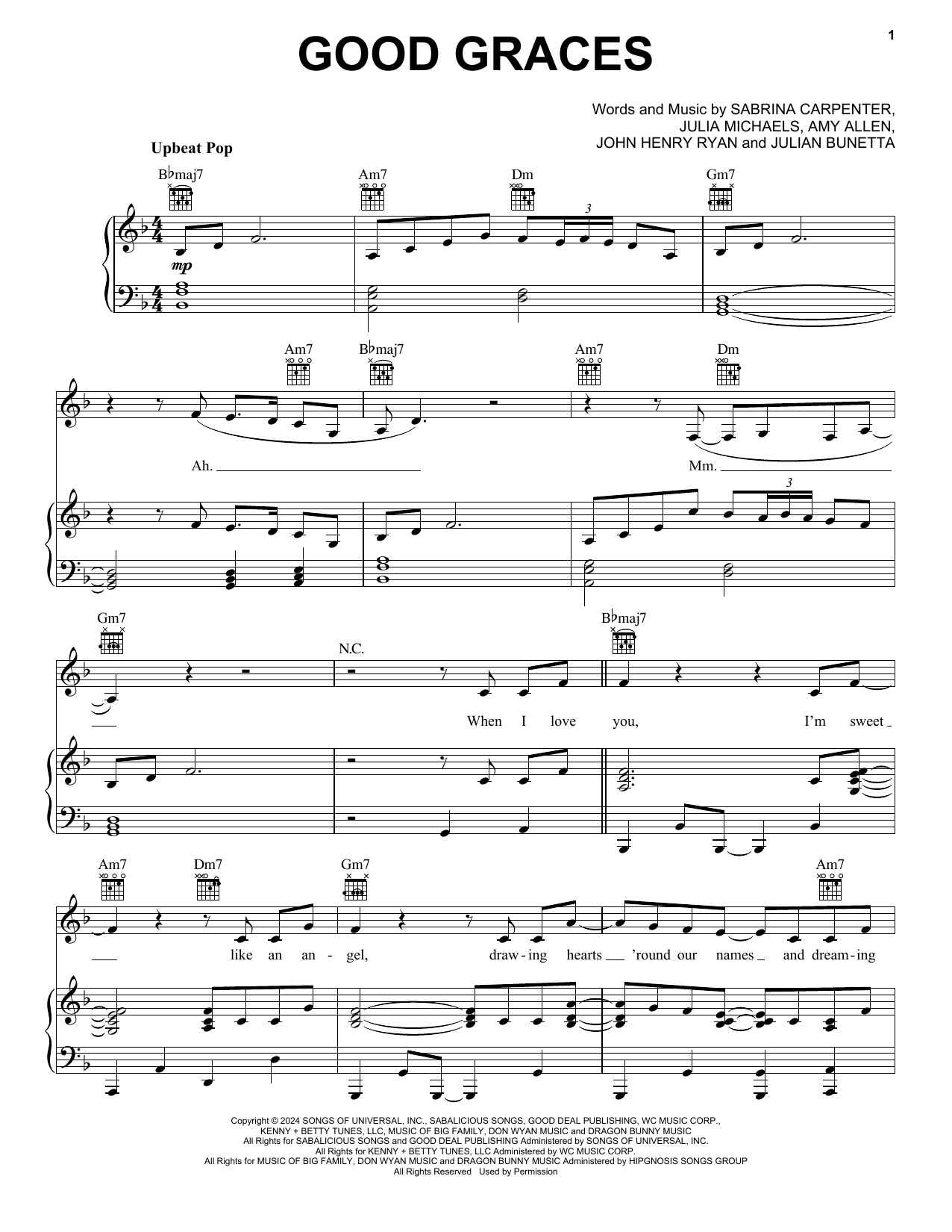 Sabrina Carpenter Good Graces sheet music notes and chords arranged for Piano, Vocal & Guitar Chords (Right-Hand Melody)