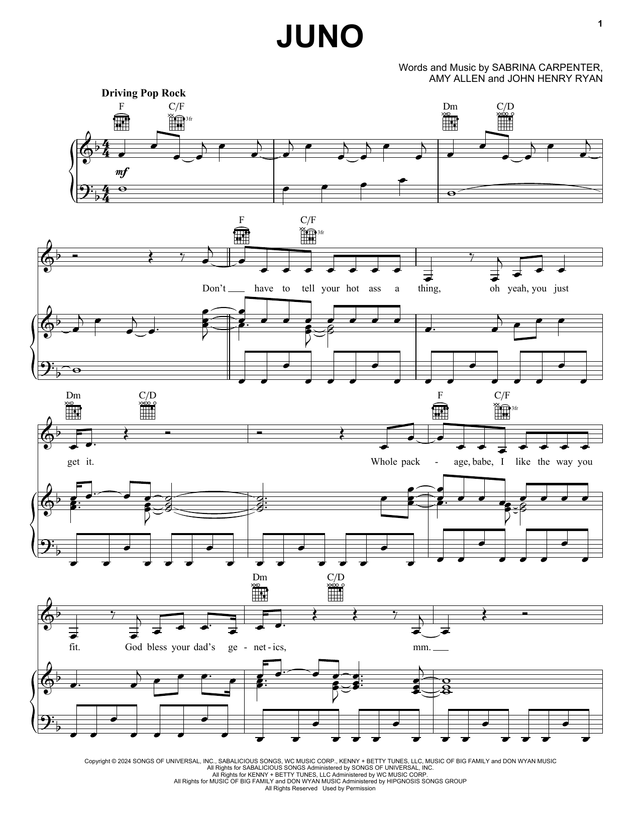 Sabrina Carpenter Juno sheet music notes and chords arranged for Piano, Vocal & Guitar Chords (Right-Hand Melody)