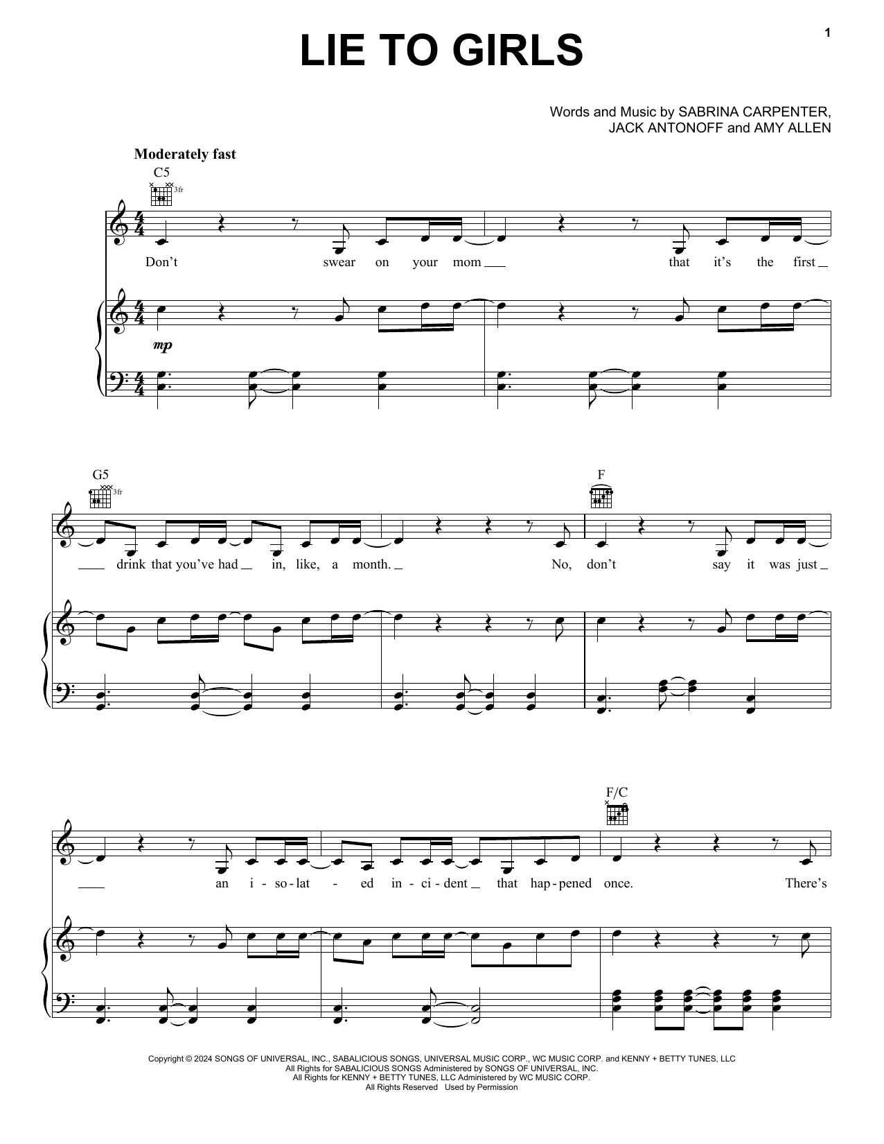 Sabrina Carpenter Lie To Girls sheet music notes and chords arranged for Piano, Vocal & Guitar Chords (Right-Hand Melody)