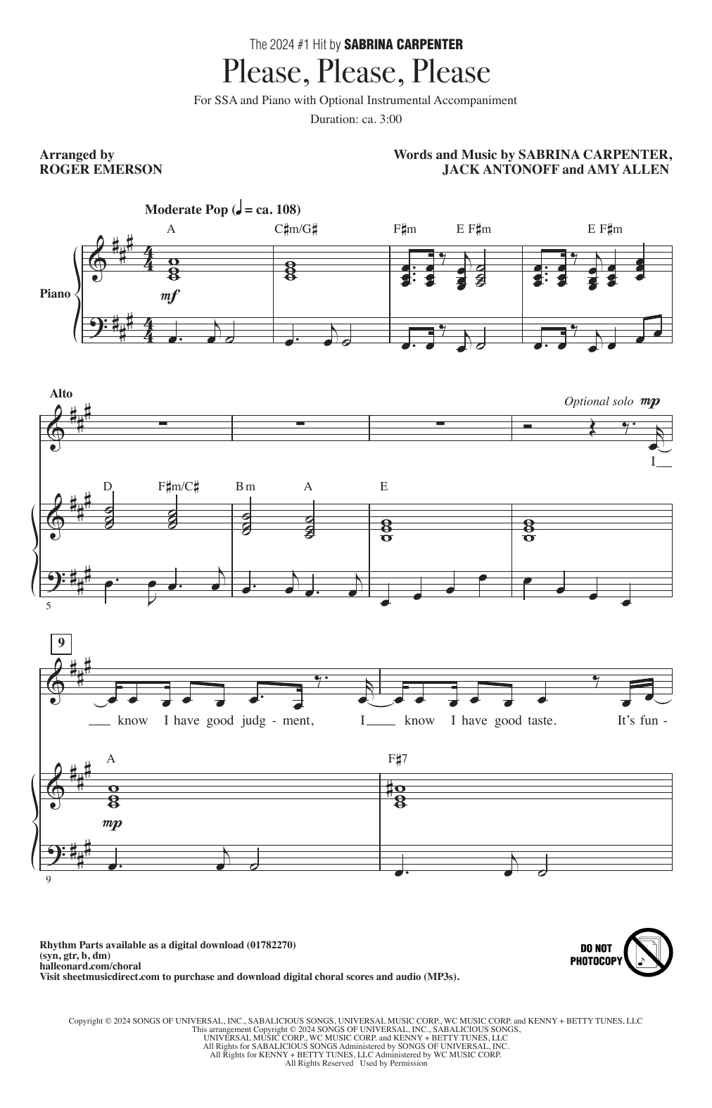 Sabrina Carpenter Please Please Please (arr. Roger Emerson) sheet music notes and chords arranged for SSA Choir