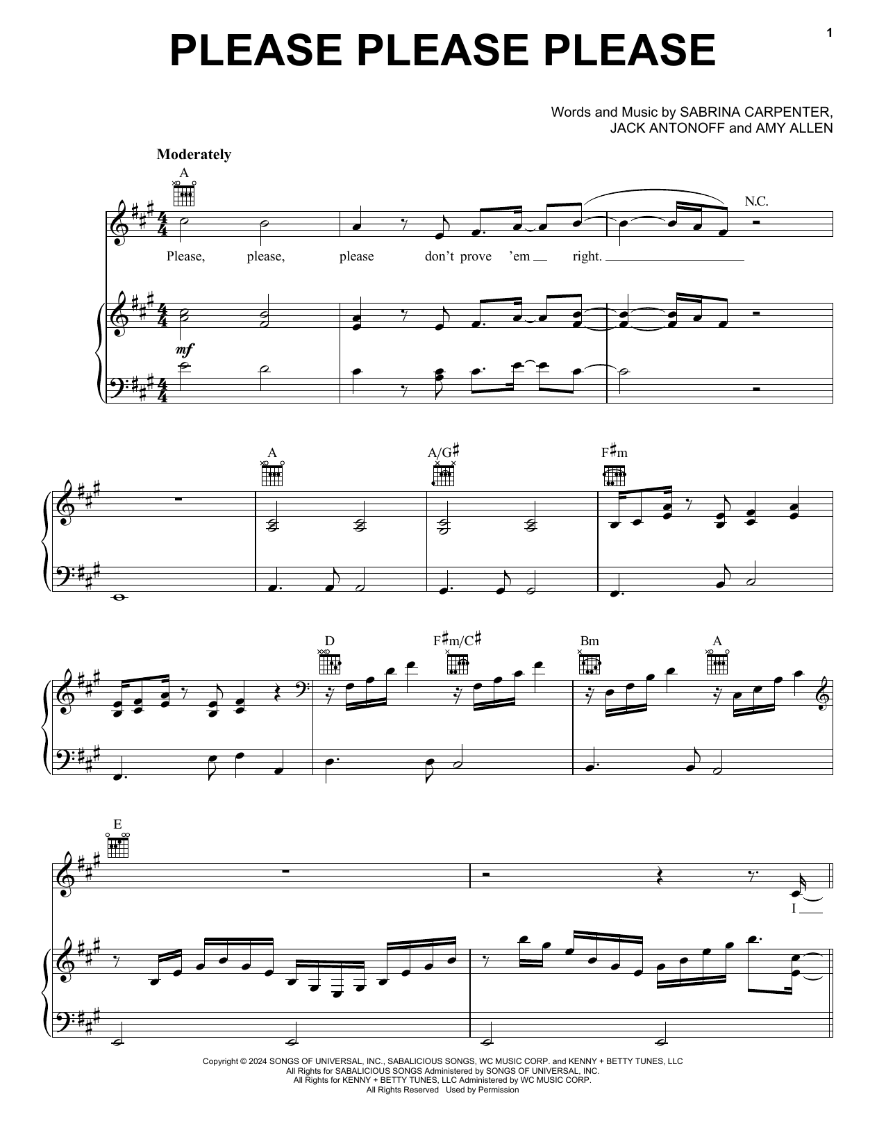 Sabrina Carpenter Please Please Please sheet music notes and chords arranged for Piano, Vocal & Guitar Chords (Right-Hand Melody)