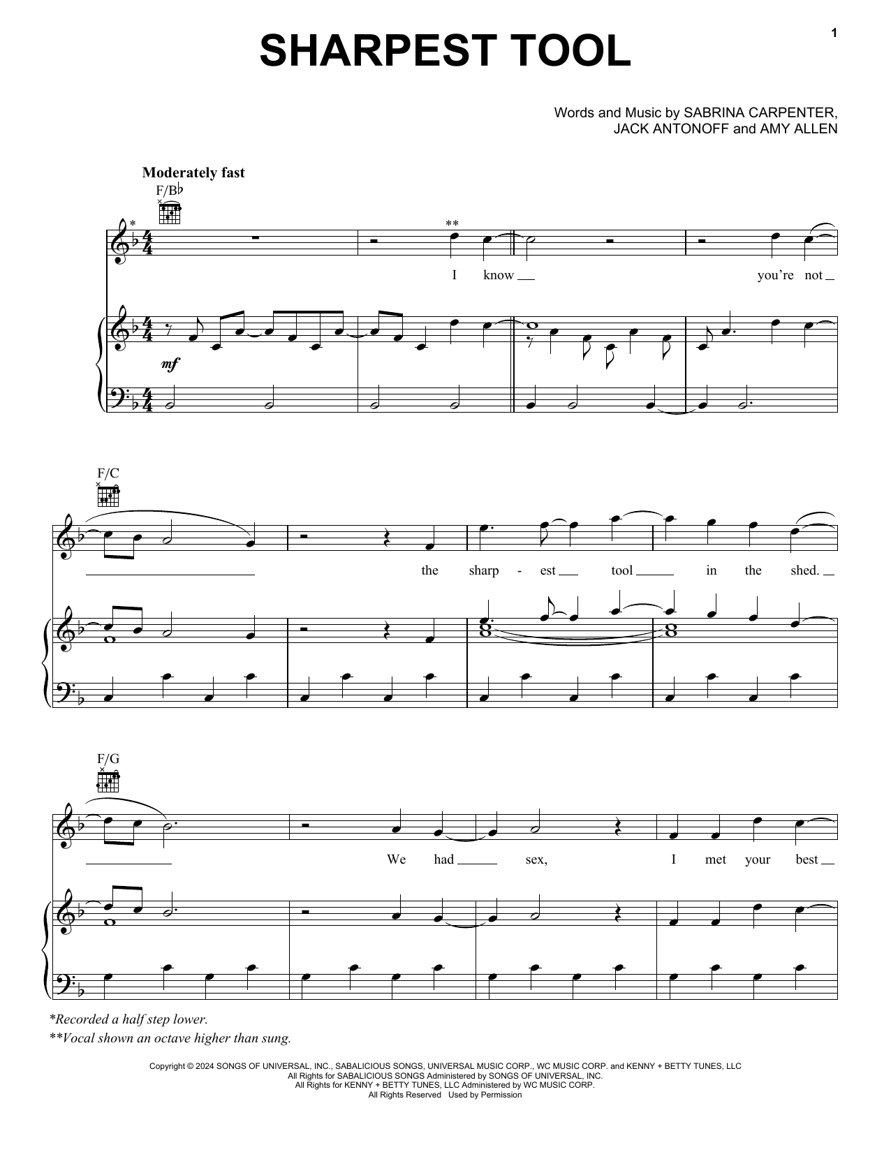 Sabrina Carpenter Sharpest Tool sheet music notes and chords arranged for Piano, Vocal & Guitar Chords (Right-Hand Melody)