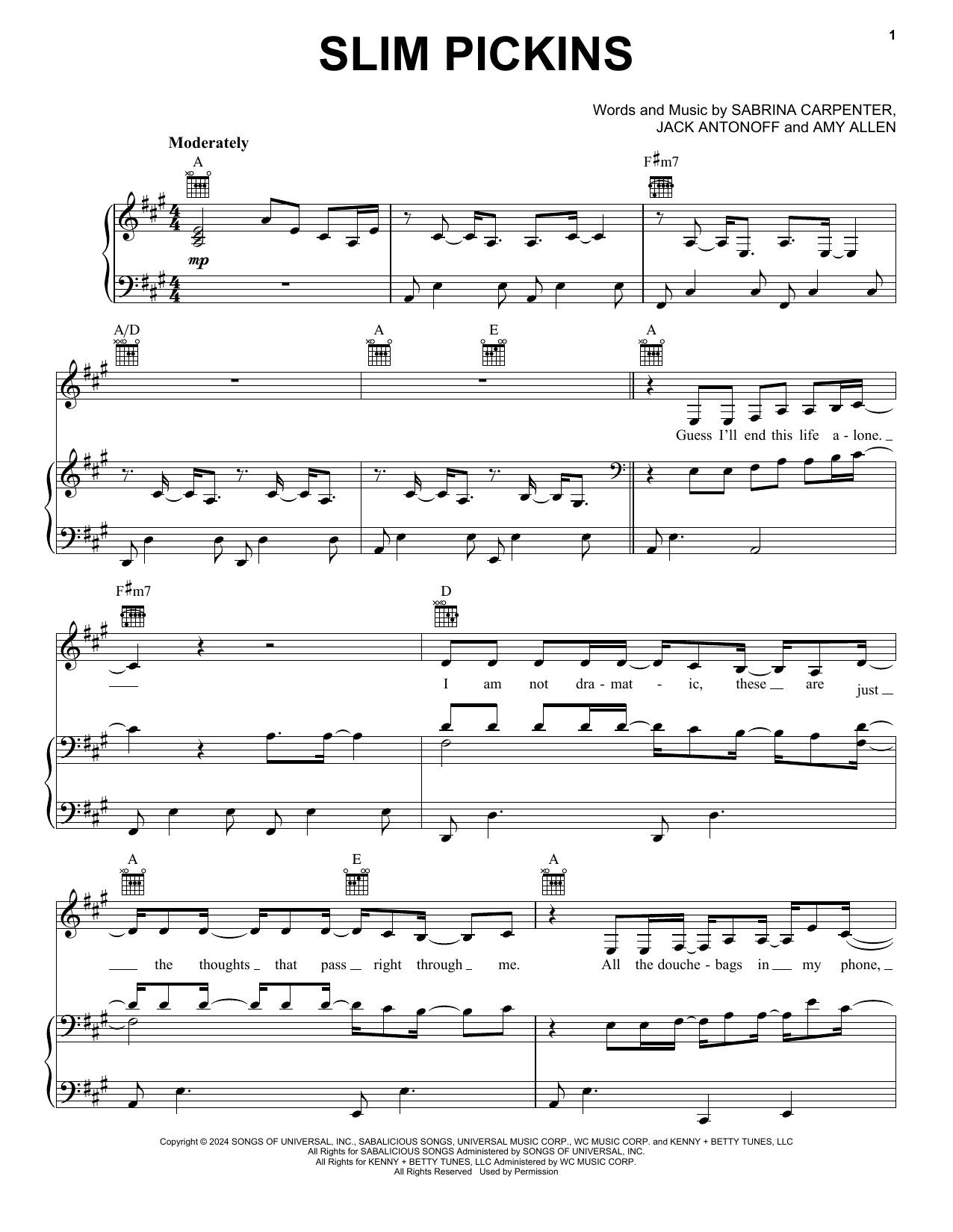 Sabrina Carpenter Slim Pickins sheet music notes and chords arranged for Piano, Vocal & Guitar Chords (Right-Hand Melody)