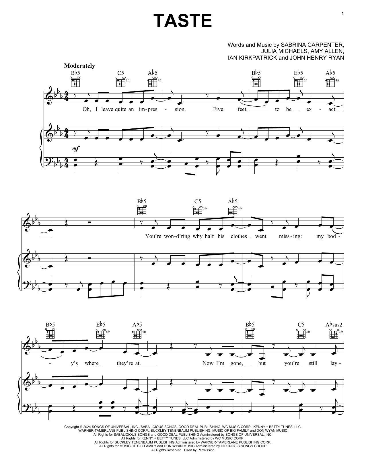 Sabrina Carpenter Taste sheet music notes and chords arranged for Piano, Vocal & Guitar Chords (Right-Hand Melody)