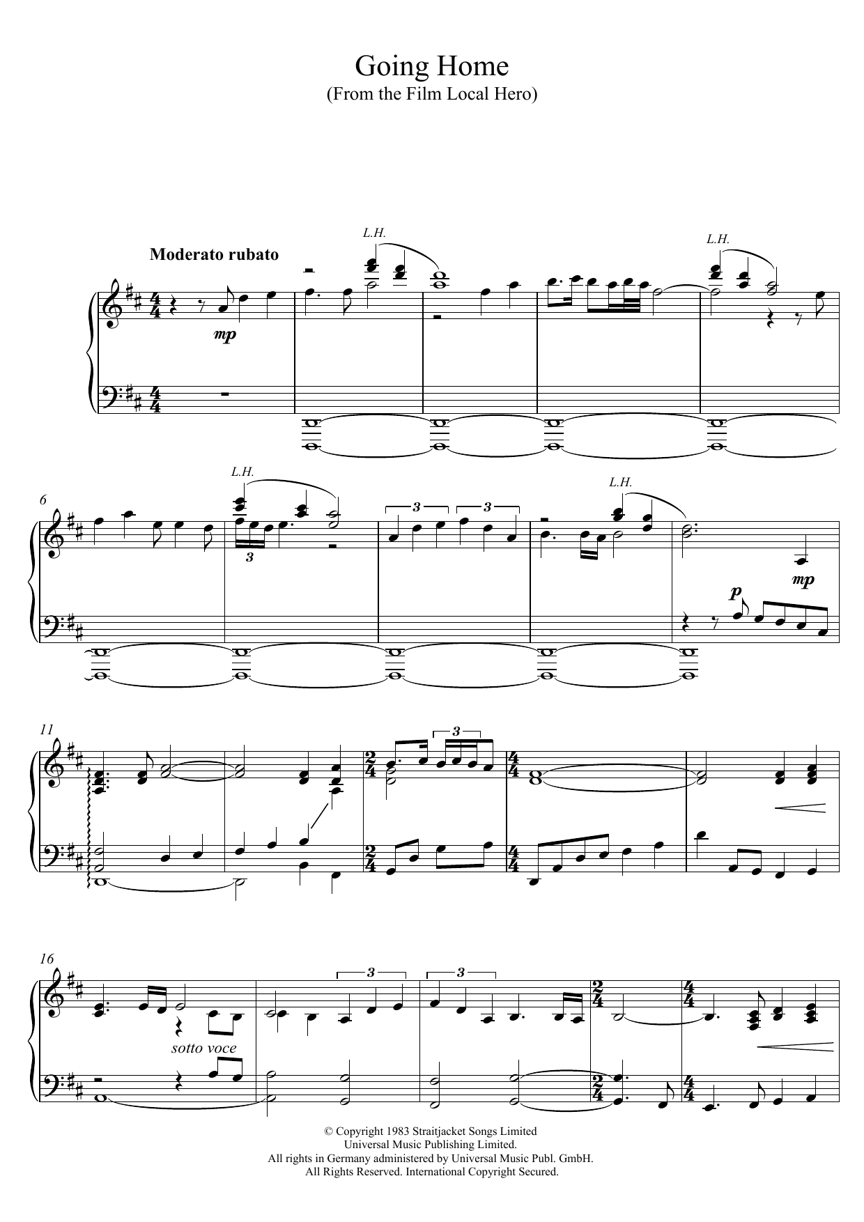 Sacha Puttnam Going Home (Theme from 'Local Hero') (as performed by Sacha Puttnam) sheet music notes and chords arranged for Piano Solo