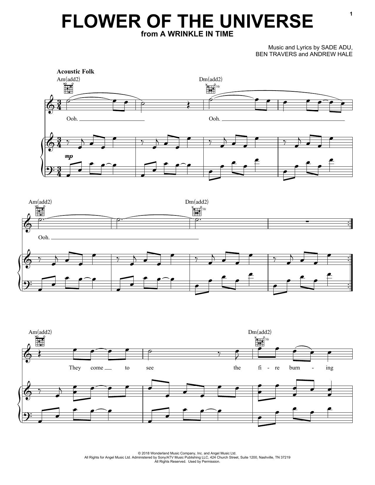 Sade Adu Flower Of The Universe (from A Wrinkle In Time) sheet music notes and chords arranged for Piano, Vocal & Guitar Chords (Right-Hand Melody)