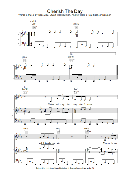 Sade Cherish The Day sheet music notes and chords arranged for Piano, Vocal & Guitar Chords (Right-Hand Melody)
