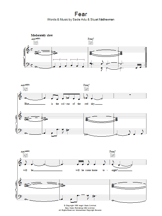 Sade Fear sheet music notes and chords arranged for Piano, Vocal & Guitar Chords