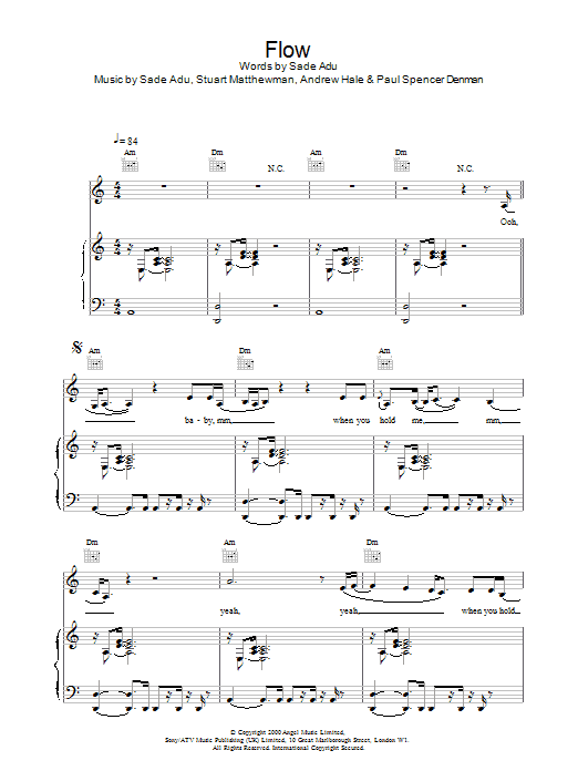 Sade Flow sheet music notes and chords arranged for Piano, Vocal & Guitar Chords
