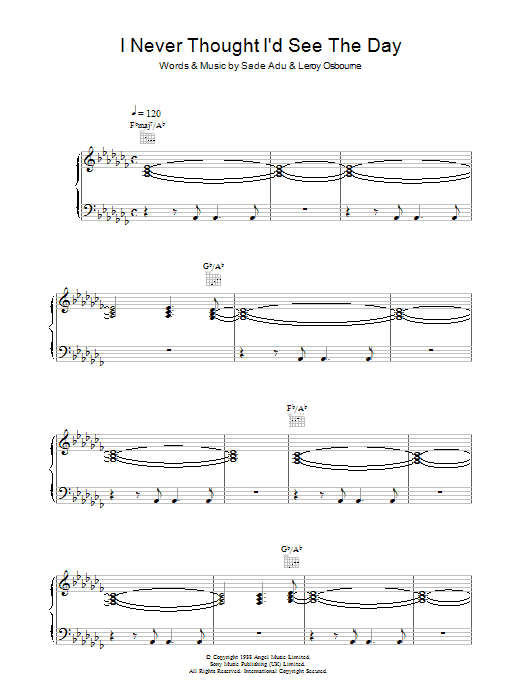 Sade I Never Thought I'd See The Day sheet music notes and chords arranged for Piano, Vocal & Guitar Chords