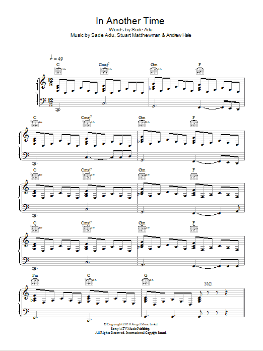 Sade In Another Time sheet music notes and chords arranged for Piano, Vocal & Guitar Chords