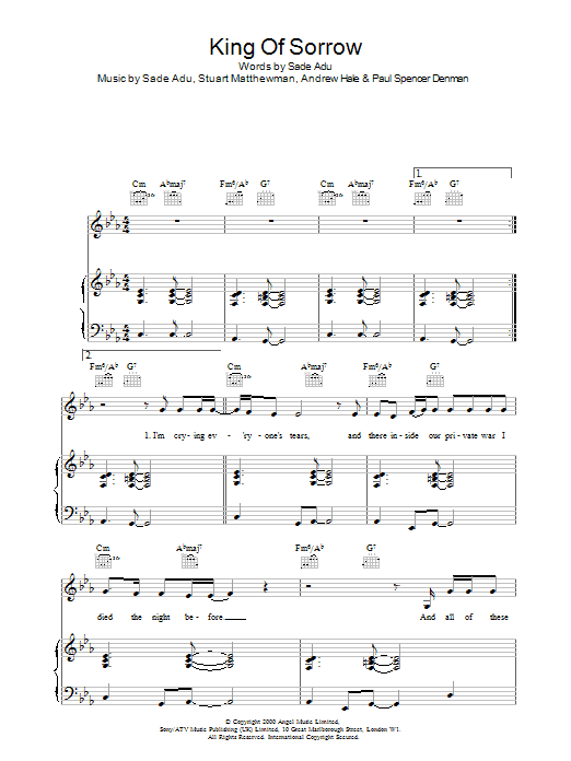Sade King Of Sorrow sheet music notes and chords arranged for Piano, Vocal & Guitar Chords
