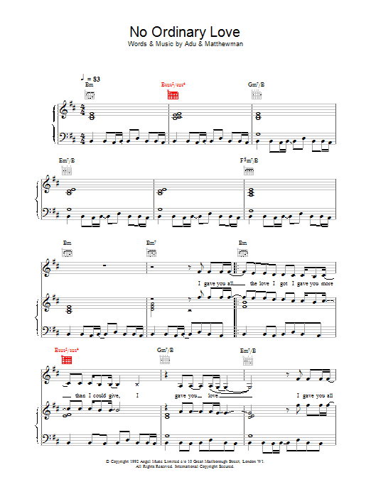 Sade No Ordinary Love sheet music notes and chords arranged for Piano Solo