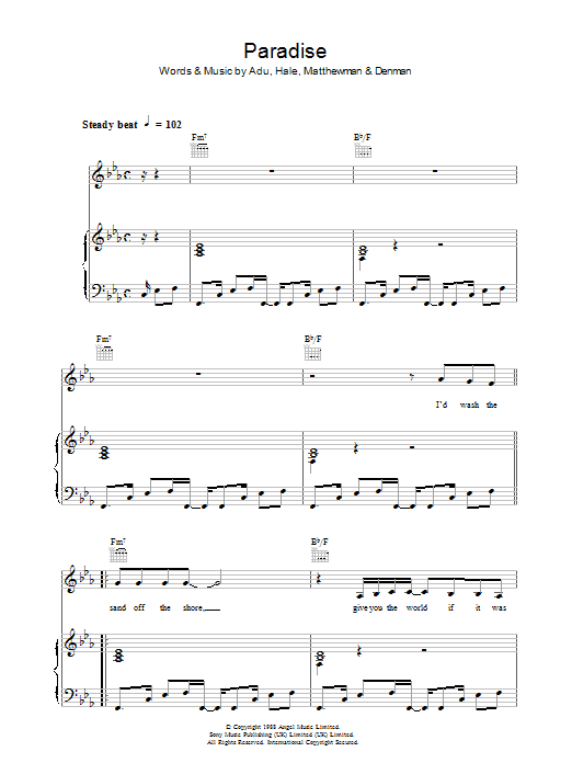 Sade Paradise sheet music notes and chords arranged for Piano, Vocal & Guitar Chords