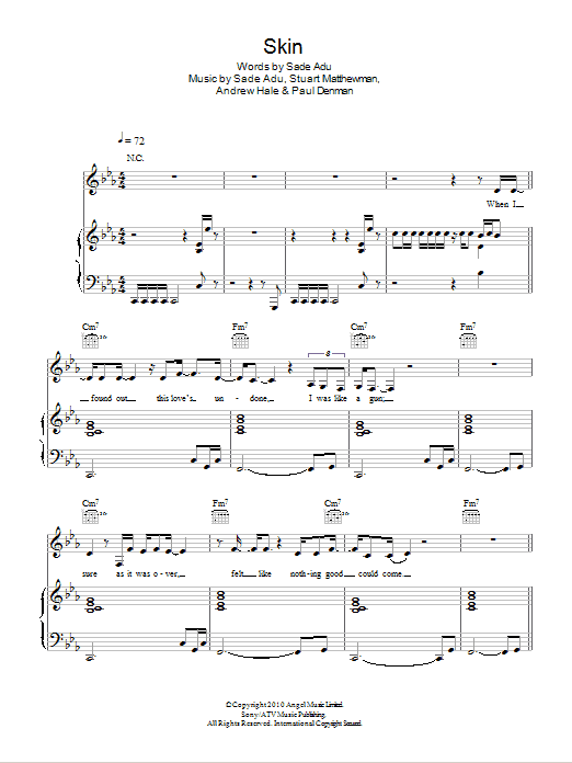 Sade Skin sheet music notes and chords arranged for Piano, Vocal & Guitar Chords