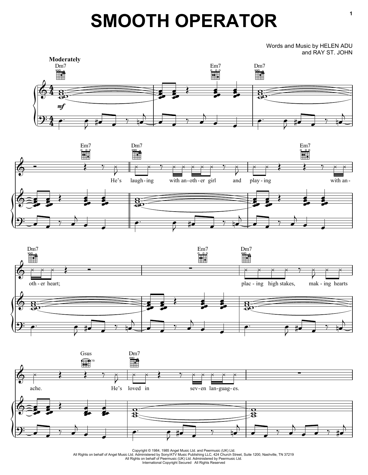 Sade Smooth Operator sheet music notes and chords arranged for Piano, Vocal & Guitar Chords