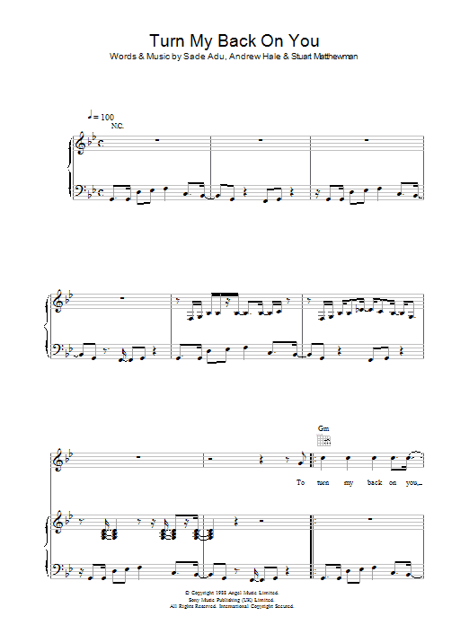 Sade Turn My Back On You sheet music notes and chords arranged for Piano, Vocal & Guitar Chords