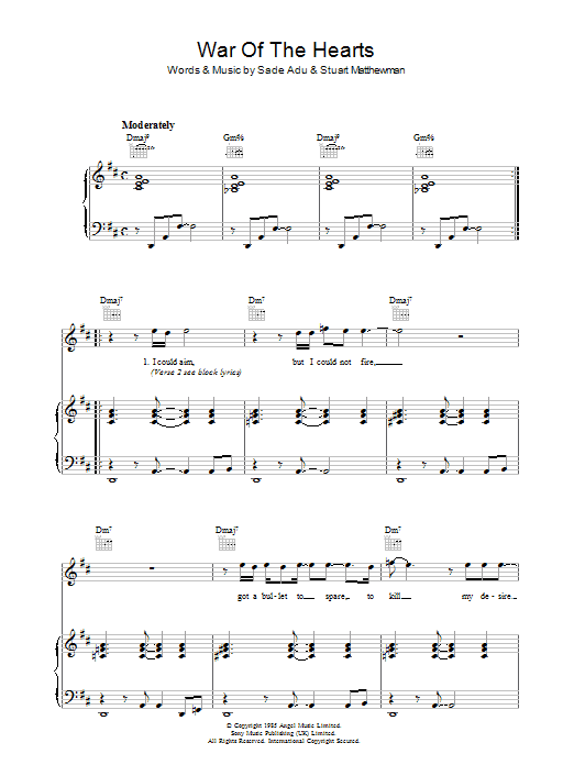 Sade War Of The Hearts sheet music notes and chords arranged for Piano, Vocal & Guitar Chords