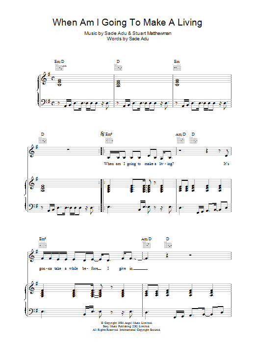 Sade When Am I Going To Make A Living sheet music notes and chords arranged for Piano, Vocal & Guitar Chords