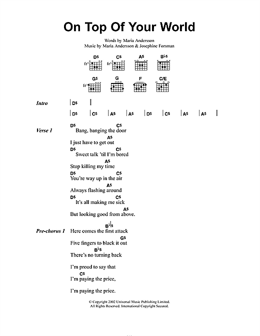 Sahara Hotnights On Top Of Your World sheet music notes and chords arranged for Guitar Chords/Lyrics