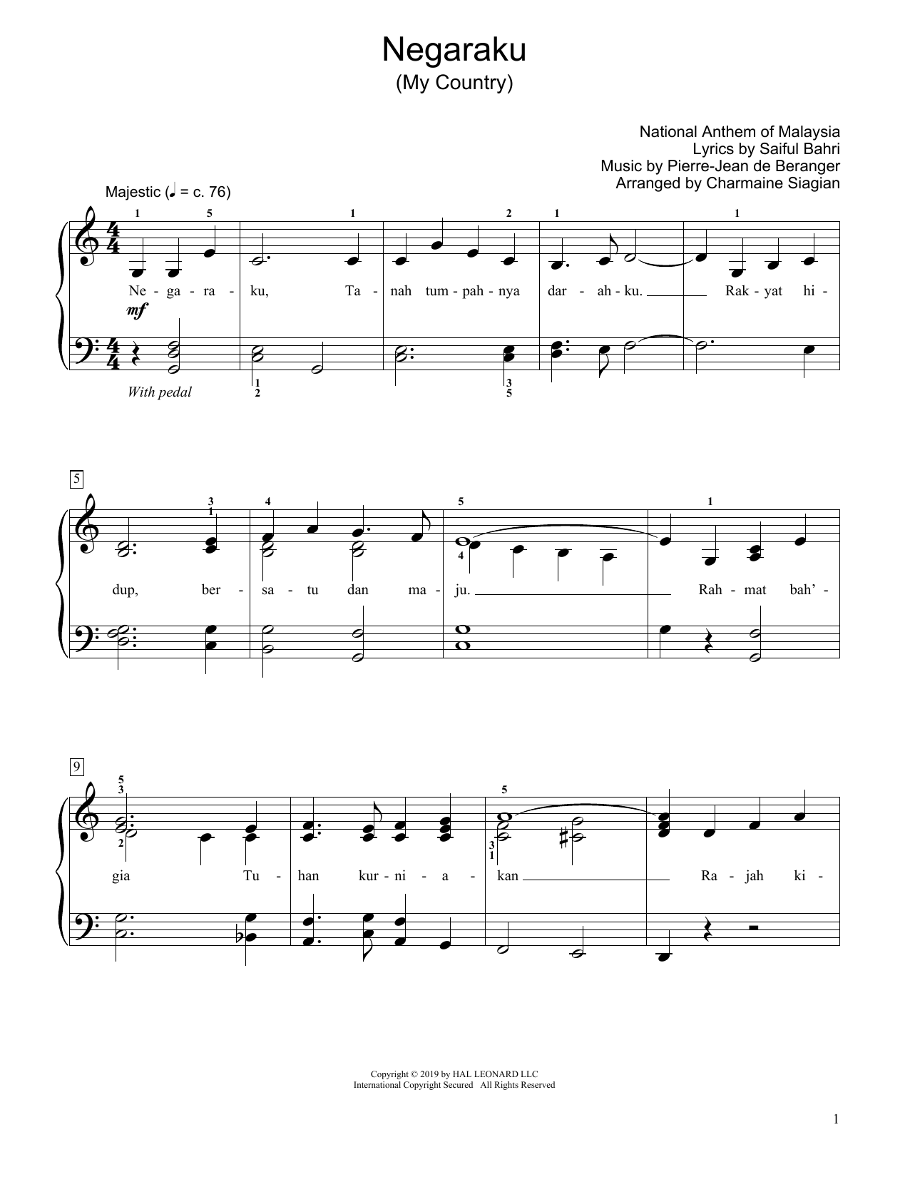 Saiful Bahri My Country (Negaraku) (arr. Charmaine Siagian) sheet music notes and chords arranged for Educational Piano