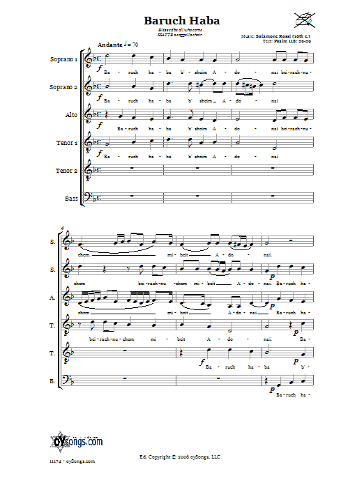 Salamone Rossi Baruch Haba (Blessed be all who come) sheet music notes and chords arranged for Choir