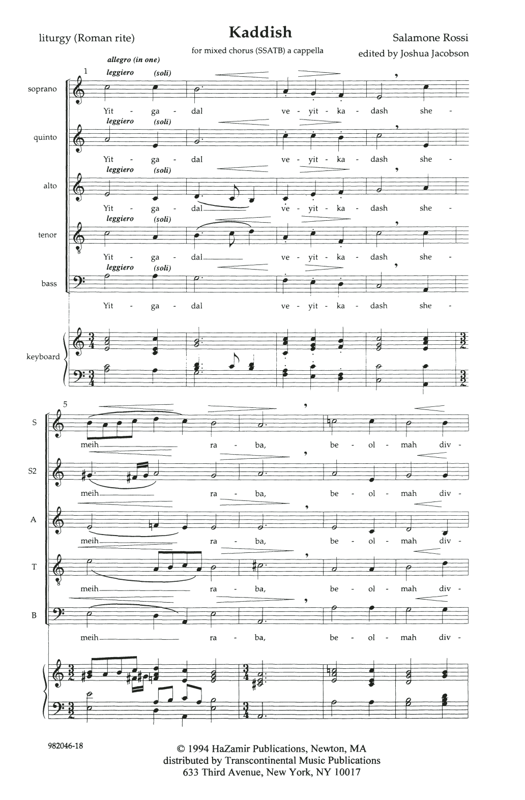 Salamone Rossi Kaddish sheet music notes and chords arranged for SSATB Choir