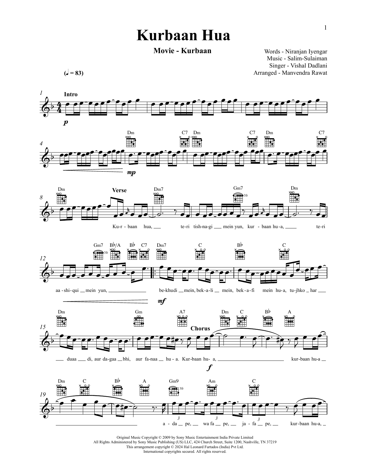 Salim & Sulaiman Sadruddin Merchant Kurbaan Hua (from Kurbaan) sheet music notes and chords arranged for Lead Sheet / Fake Book