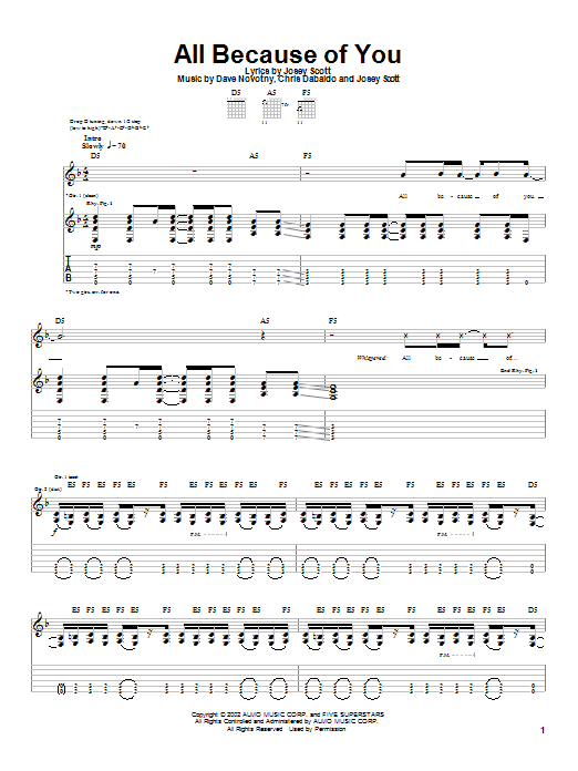 Saliva All Because Of You sheet music notes and chords arranged for Guitar Tab