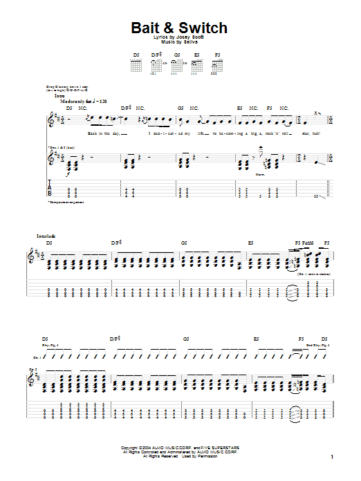 Saliva Bait & Switch sheet music notes and chords arranged for Guitar Tab