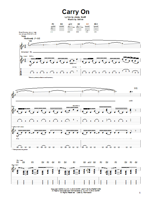 Saliva Carry On sheet music notes and chords arranged for Guitar Tab