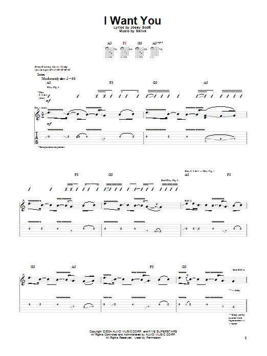 Saliva I Want You sheet music notes and chords arranged for Guitar Tab