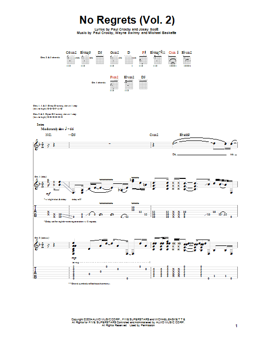 Saliva No Regrets (Vol. 2) sheet music notes and chords arranged for Guitar Tab