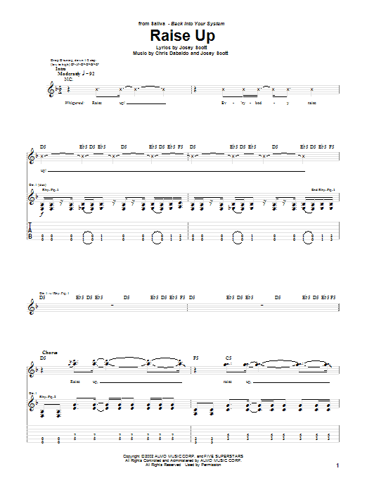 Saliva Raise Up sheet music notes and chords arranged for Guitar Tab